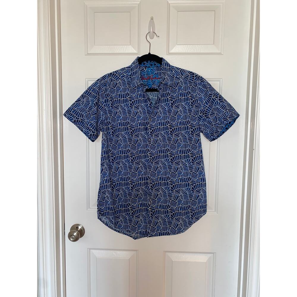 Robert Graham Woodard Short Sleeve Button Front Shirt Blue/White size Small